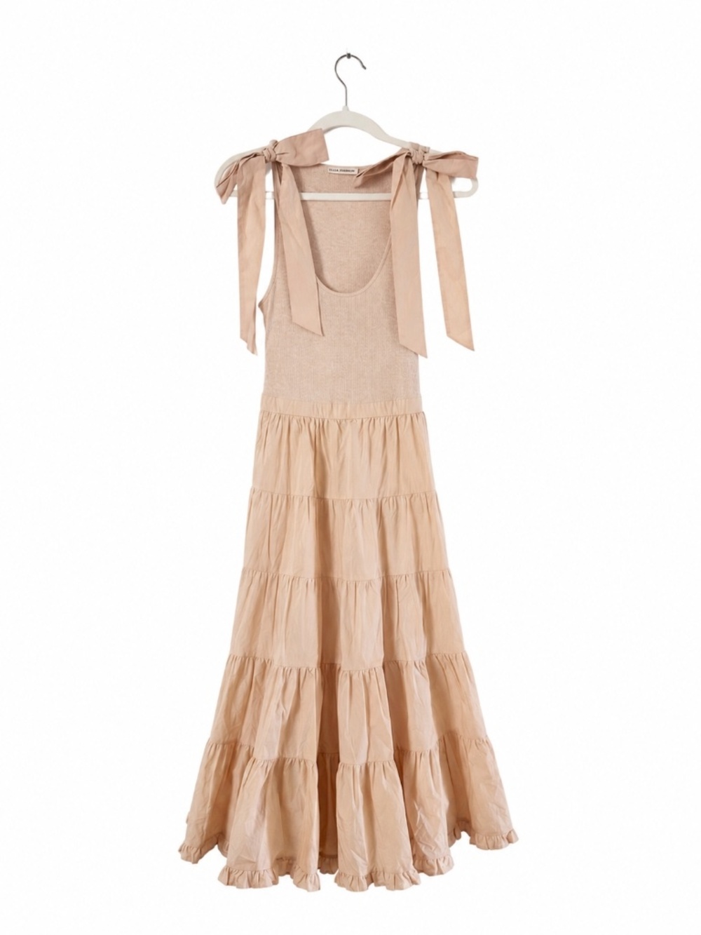 Ulla Johnson Hope Ribbed Tiered Midi Dress Bow Tie Shoulder Nude Pink P/XS NWOT